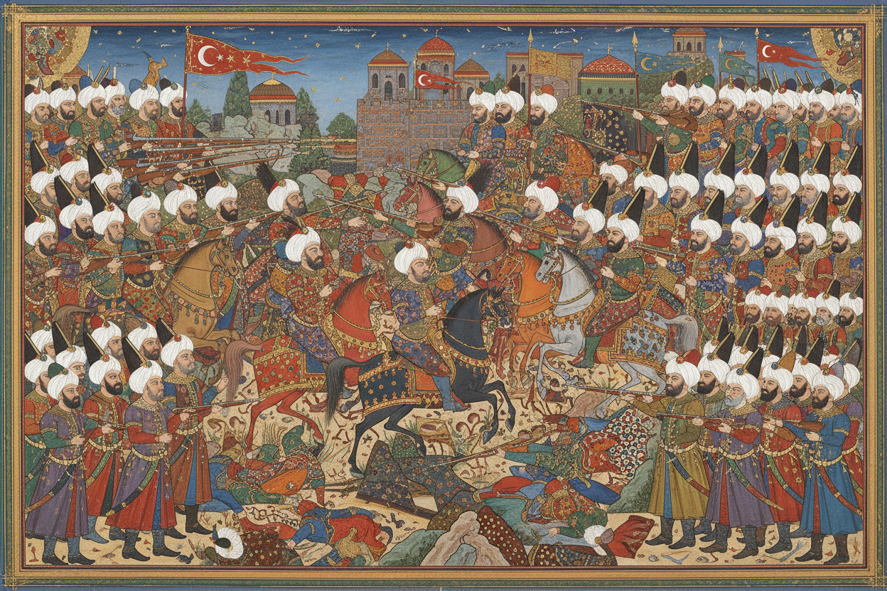 a grandiose Ottoman painting of a battle